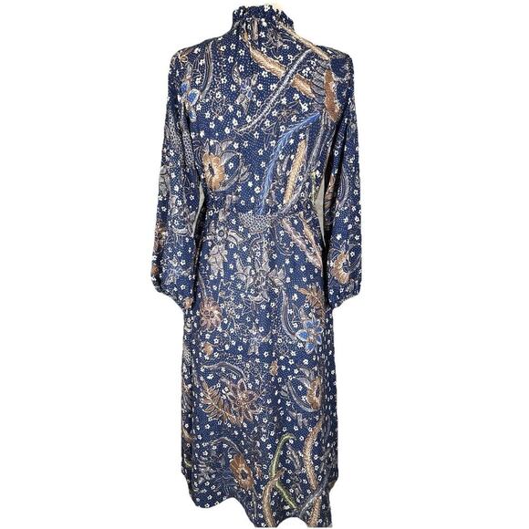 Cara Cara Tanglewood Dress Batik Navy Blue Midi Cinch Waist Long Sleeve Boho S - Picture 10 of 14